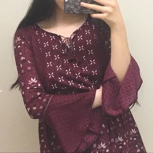 Elegant crimson and maroon Bell sleeve blouse ties